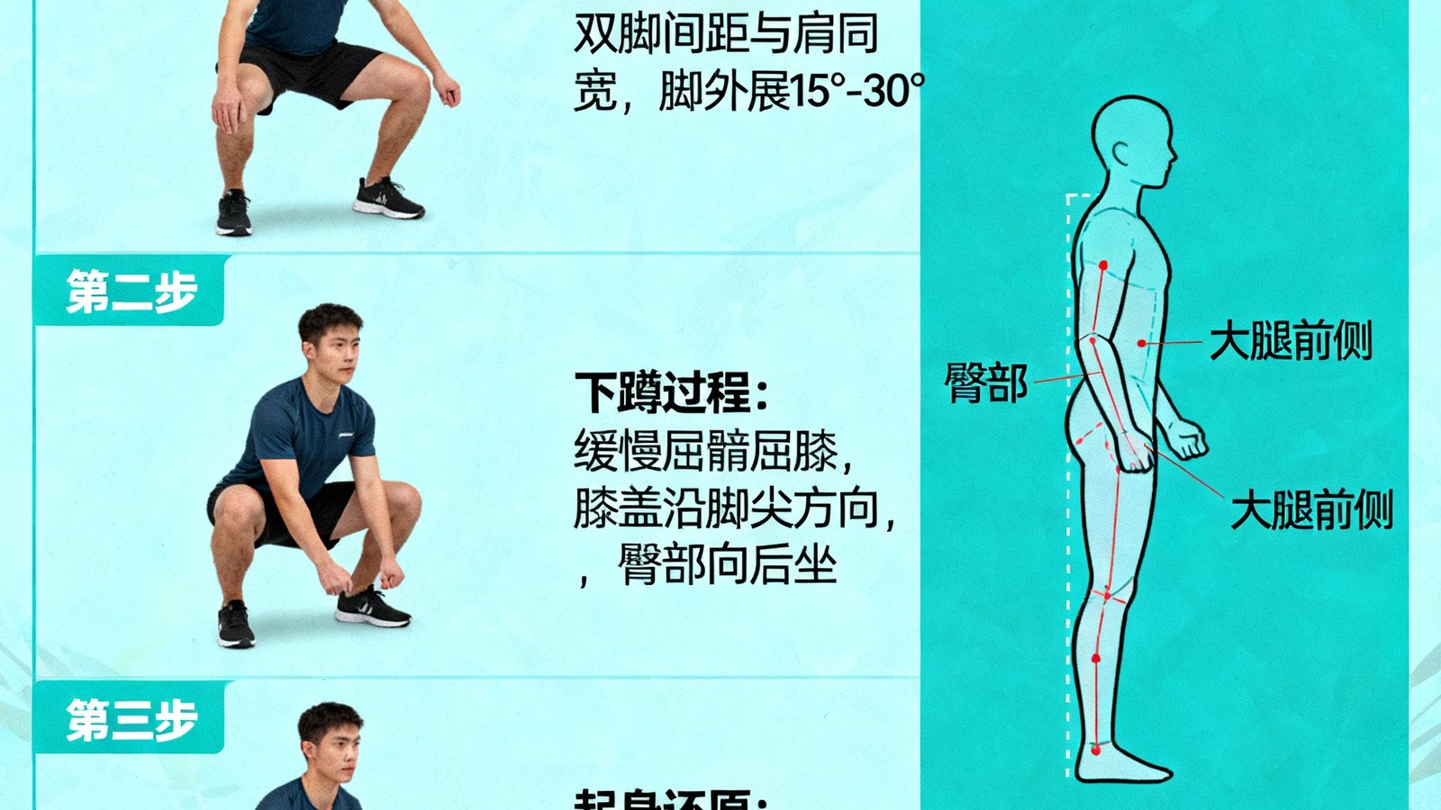 全民健身知识图解，专业教练演示标准深蹲动作要领，分步骤展示正确姿态与发力方式