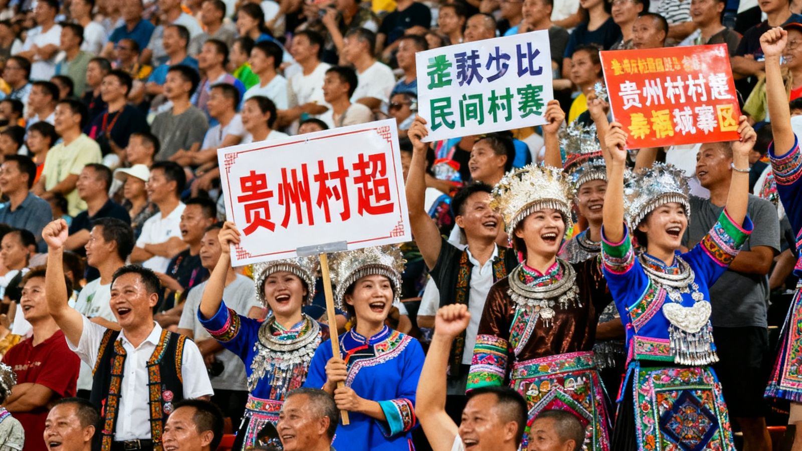 地方特色体育赛事现场，贵州村超比赛日观众席人山人海，展现民间体育的蓬勃生命力
