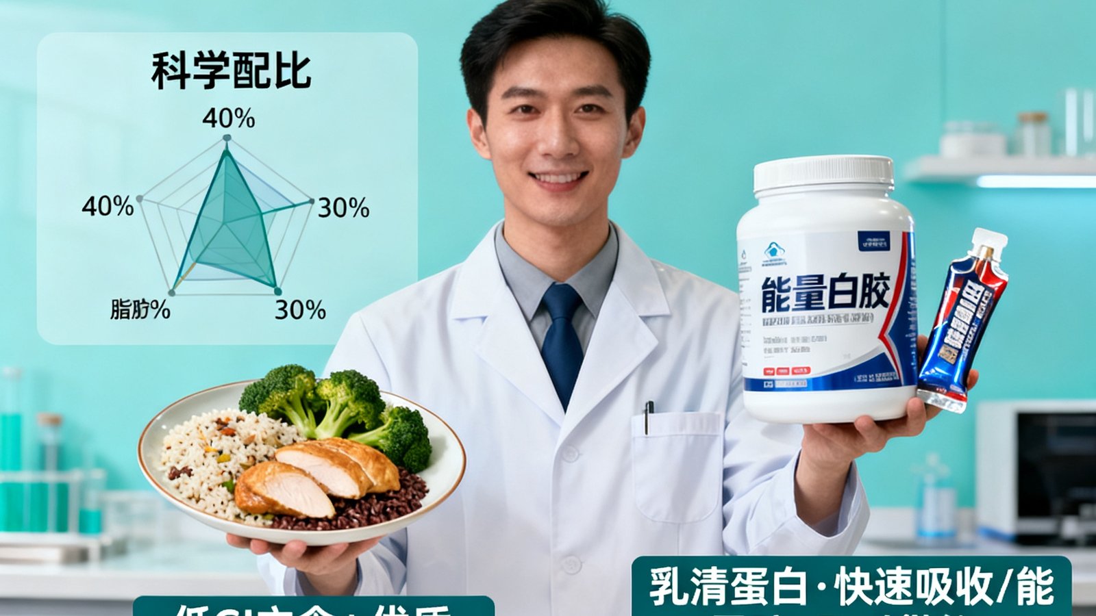 运动康复与营养指导场景，专业营养师搭配健康餐食与运动补给品，科学配比助力运动表现