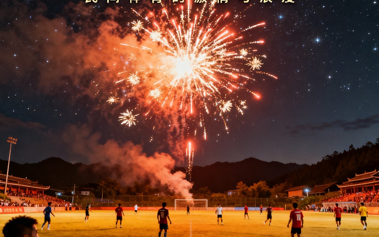 贵州村超2024赛季纪录片海报，乡村球场上空烟花绽放，映照出民间体育的激情与浪漫