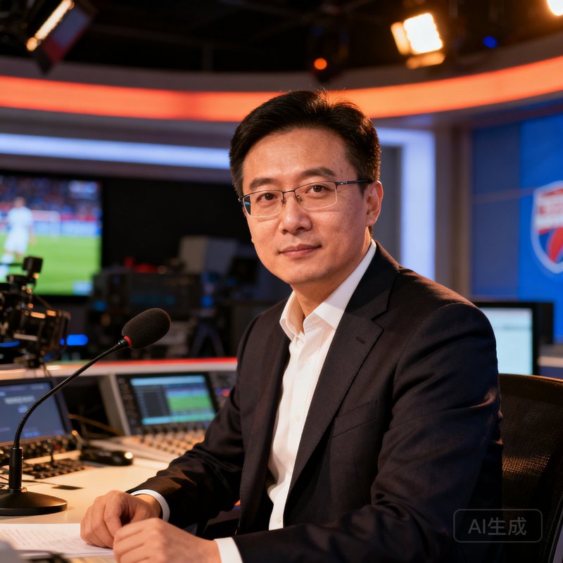 创始人张磊肖像照，资深体育媒体人在演播室认真工作，眼神中透露出对体育事业的执着热爱